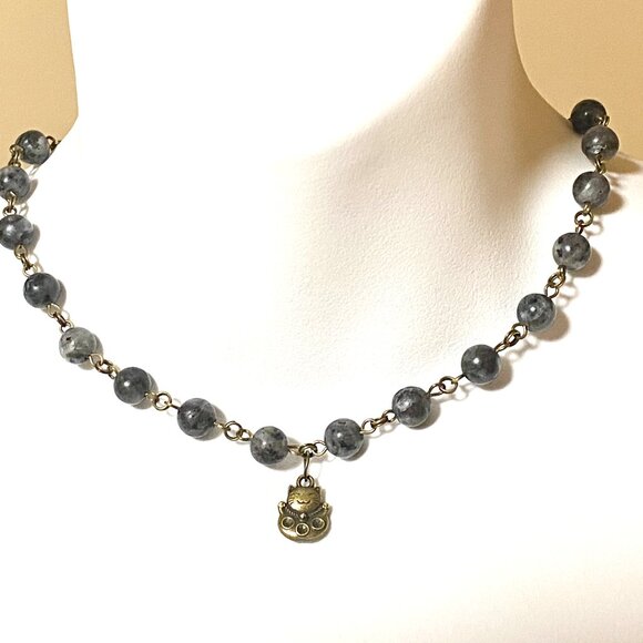 Natural Dark Larvikite Necklace, Bronze Fortune Cat + Genuine Gemstone Choker - Picture 2 of 14